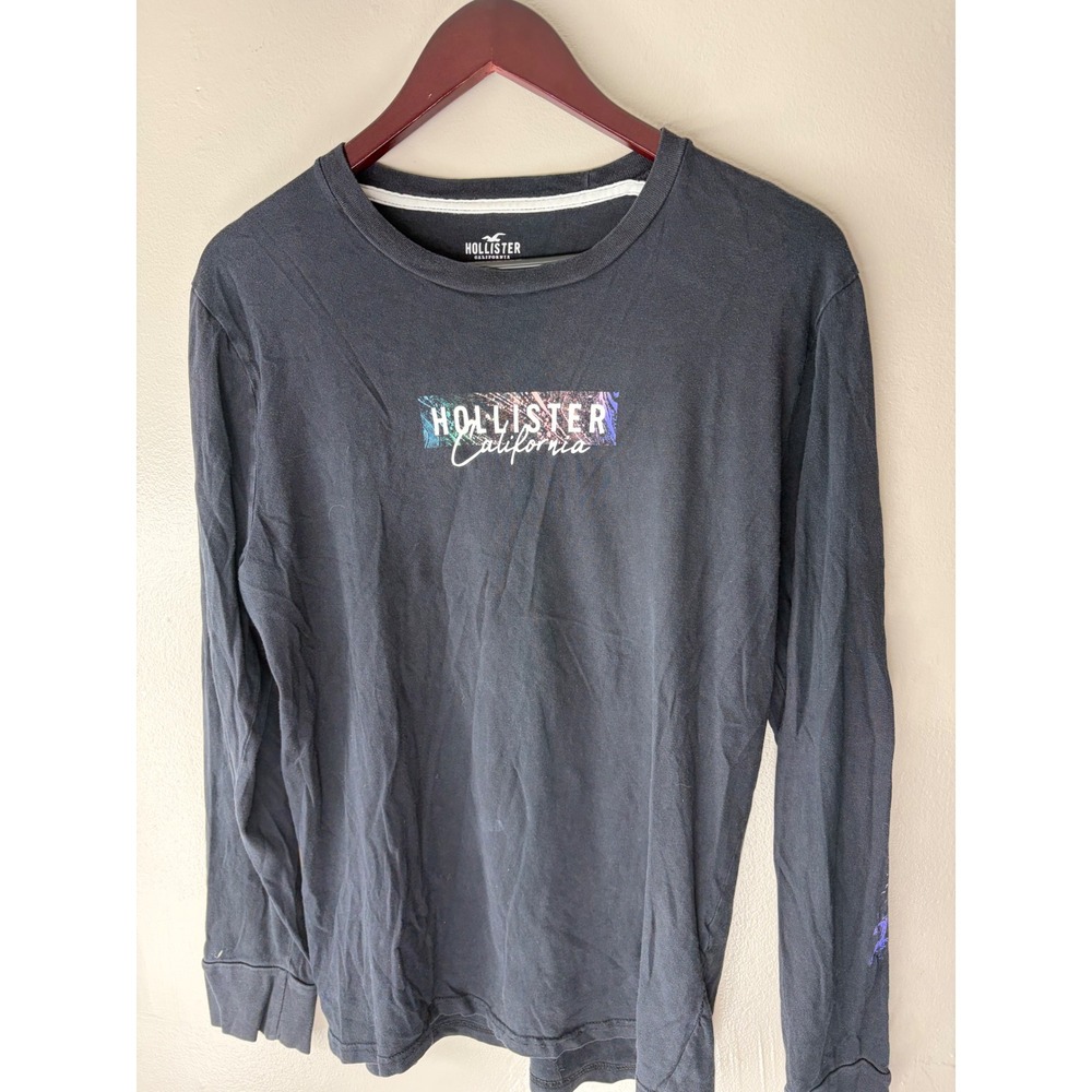 Hollister Mens Long Sleeve Graphic Tee Black Cotton Logo Shirt Size M